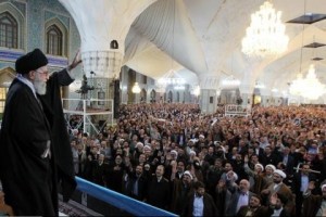 Iran's Supreme Leader, Ayatollah Khamenei waving hand to gathering of pilgrimages at holy shrine of Imam Redha in Mashhad. (Photo Credit: Khamenei.ir)